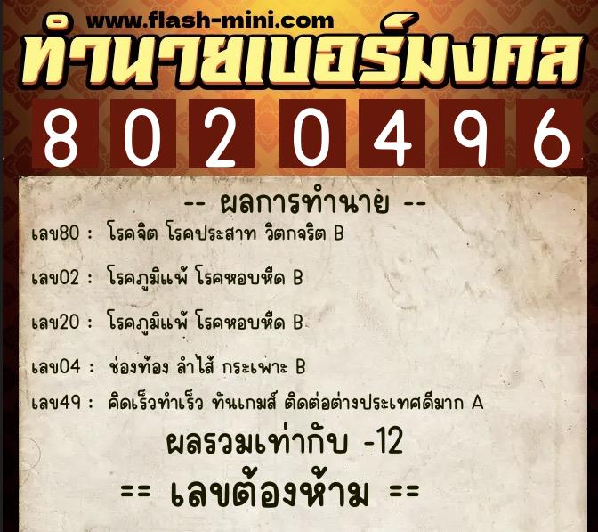 ทำนายเบอร์มงคล 0XX-8020496  ทำนายเบอร์มงคล หมายเลข 092-802049 