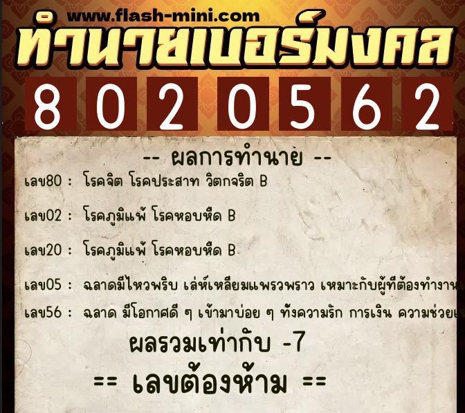 ทำนายเบอร์มงคล 0XX-8020562  ทำนายเบอร์มงคล หมายเลข 082-802056 