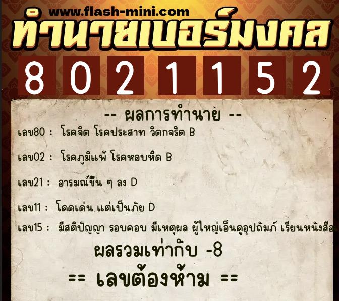 ทำนายเบอร์มงคล 0XX-8021152  ทำนายเบอร์มงคล หมายเลข 086-802115 