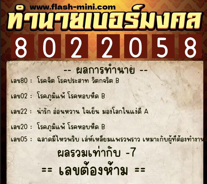 ทำนายเบอร์มงคล 0XX-8022058  ทำนายเบอร์มงคล หมายเลข 081-802205 