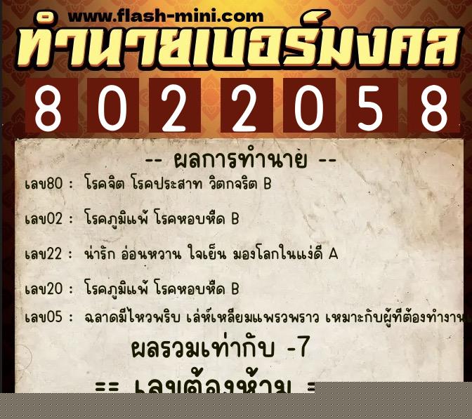 ทำนายเบอร์มงคล 0XX-8022058  ทำนายเบอร์มงคล หมายเลข 065-802205 