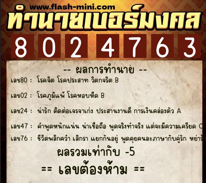 ทำนายเบอร์มงคล 0XX-8024763  ทำนายเบอร์มงคล หมายเลข 098-802476 