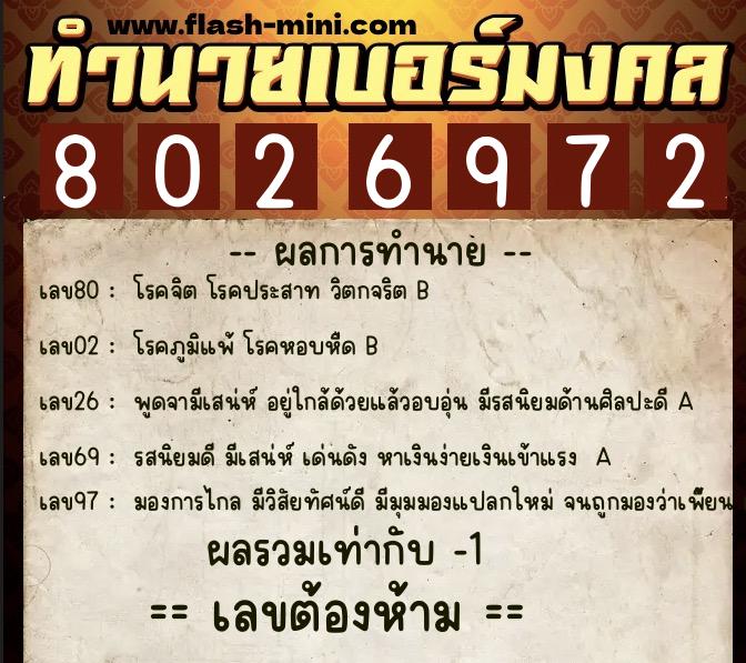 ทำนายเบอร์มงคล 0XX-8026972  ทำนายเบอร์มงคล หมายเลข 086-802697 