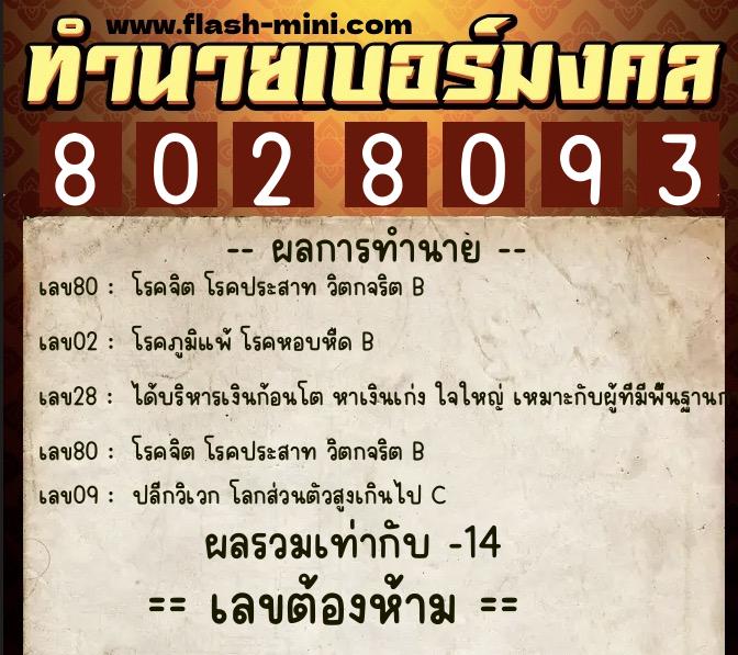 ทำนายเบอร์มงคล 0XX-8028093  ทำนายเบอร์มงคล หมายเลข 084-802809 