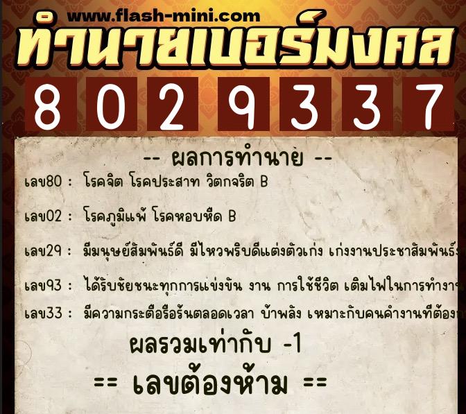 ทำนายเบอร์มงคล 0XX-8029337  ทำนายเบอร์มงคล หมายเลข 092-802933 