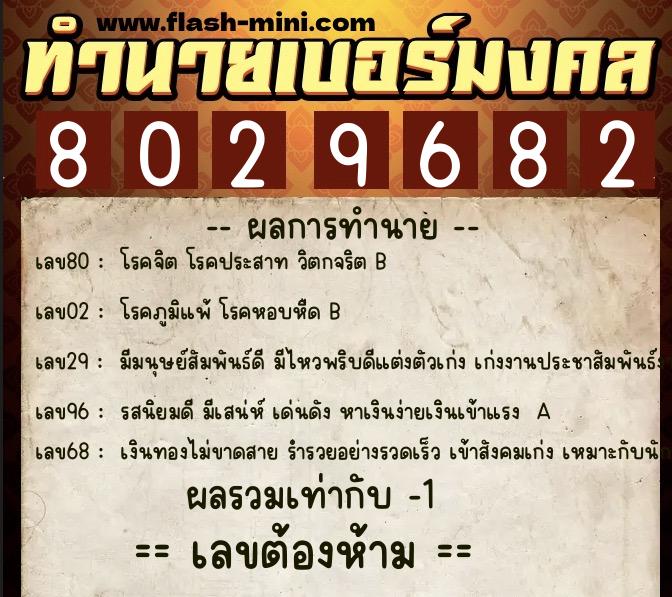 ทำนายเบอร์มงคล 0XX-8029682  ทำนายเบอร์มงคล หมายเลข 088-802968 