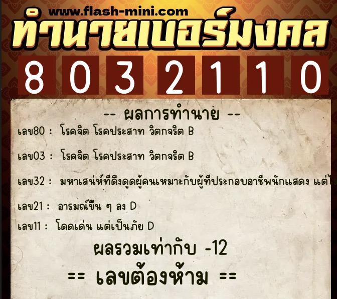 ทำนายเบอร์มงคล 0XX-8032110  ทำนายเบอร์มงคล หมายเลข 068-803211 