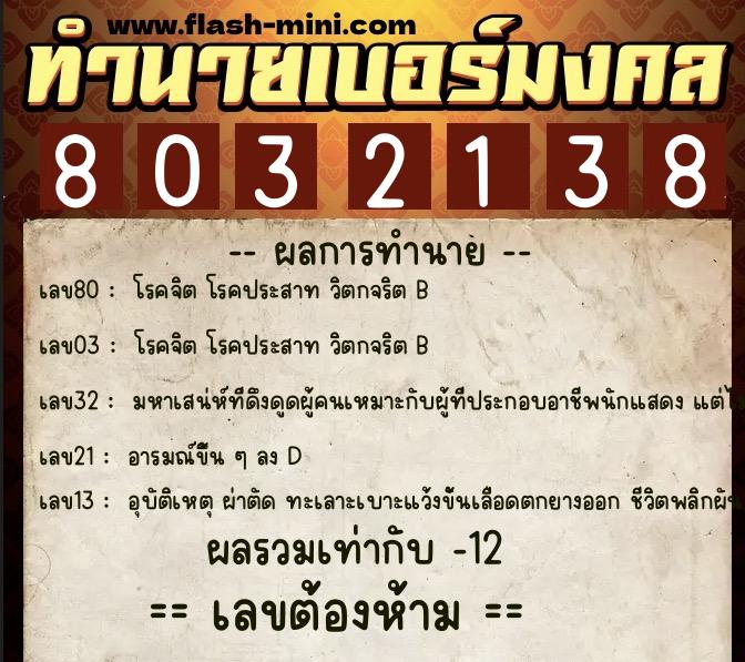 ทำนายเบอร์มงคล 0XX-8032138  ทำนายเบอร์มงคล หมายเลข 094-803213 