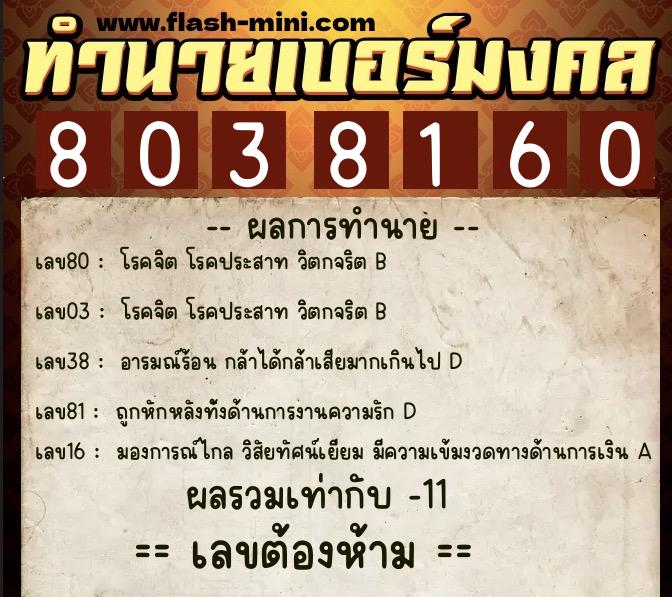 ทำนายเบอร์มงคล 0XX-8038160  ทำนายเบอร์มงคล หมายเลข 081-803816 