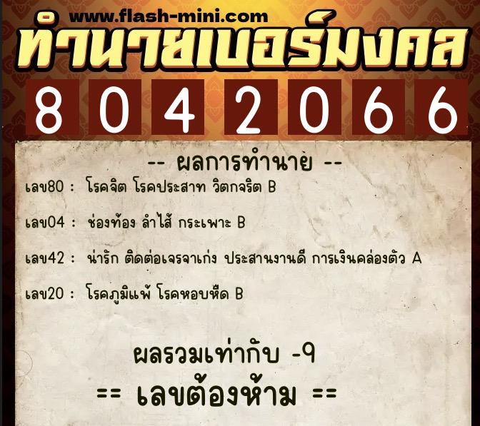 ทำนายเบอร์มงคล 0XX-8042066  ทำนายเบอร์มงคล หมายเลข 095-804206 