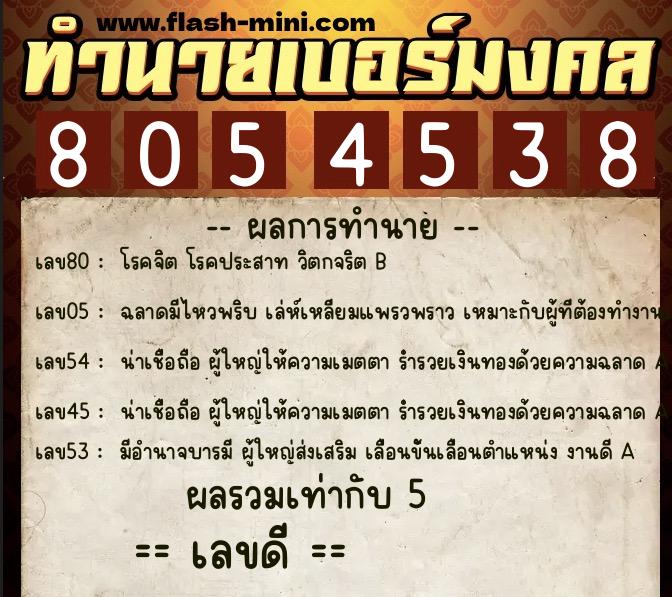 ทำนายเบอร์มงคล 0XX-8054538  ทำนายเบอร์มงคล หมายเลข 064-805453 