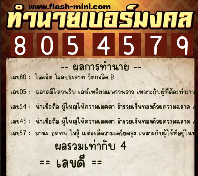 ทำนายเบอร์มงคล 0XX-8054579  ทำนายเบอร์มงคล หมายเลข 083-805457 