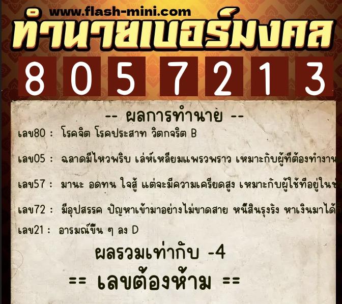 ทำนายเบอร์มงคล 0XX-8057213  ทำนายเบอร์มงคล หมายเลข 065-805721 