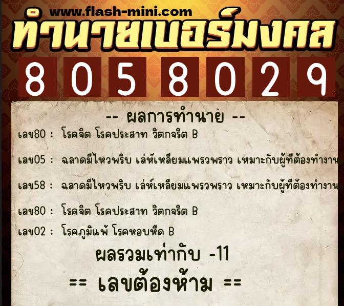 ทำนายเบอร์มงคล 0XX-8058029  ทำนายเบอร์มงคล หมายเลข 063-805802 
