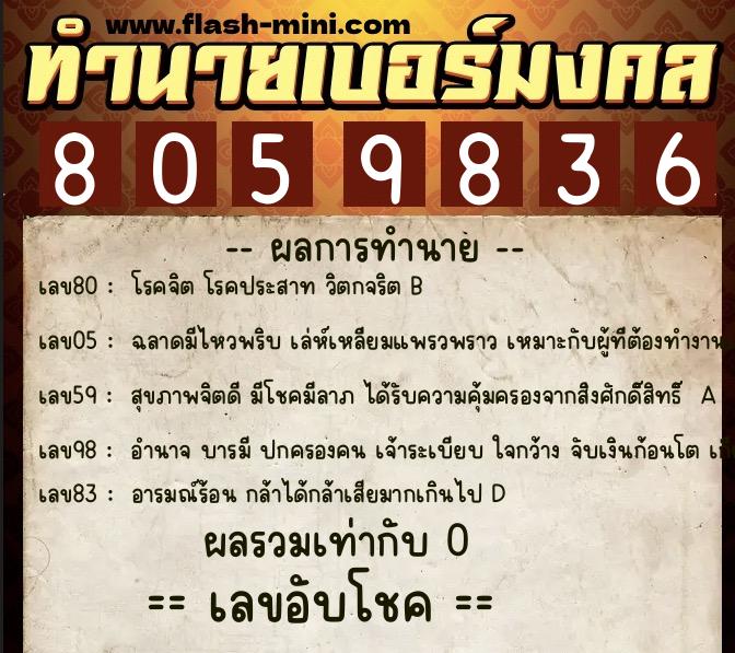 ทำนายเบอร์มงคล 0XX-8059836  ทำนายเบอร์มงคล หมายเลข 064-805983 