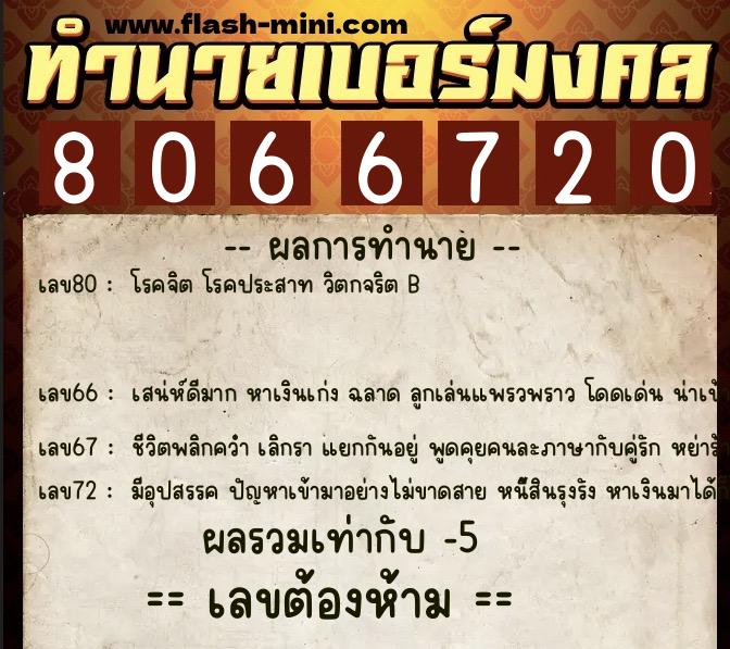 ทำนายเบอร์มงคล 0XX-8066720  ทำนายเบอร์มงคล หมายเลข 096-806672 