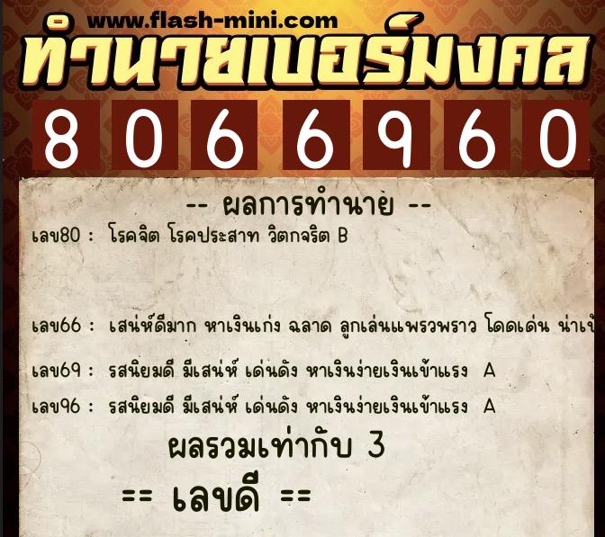 ทำนายเบอร์มงคล 0XX-8066960  ทำนายเบอร์มงคล หมายเลข 064-806696 