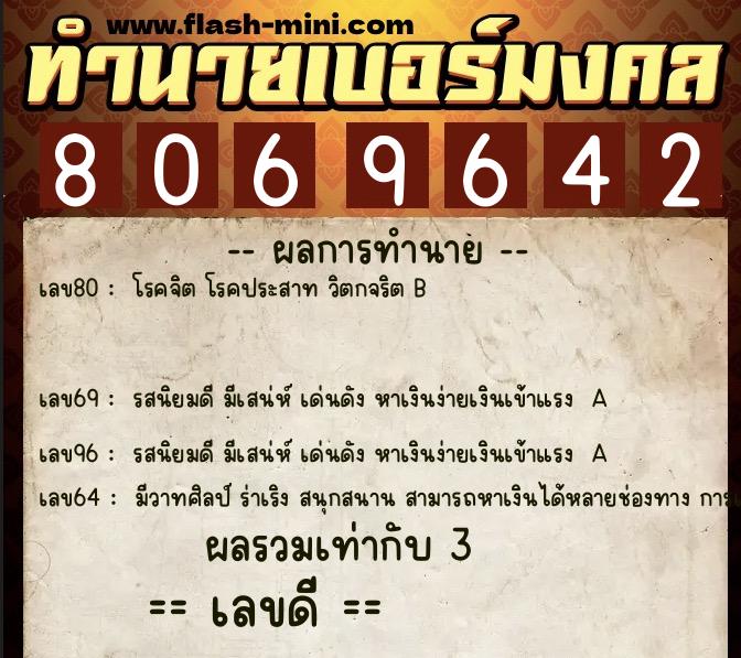 ทำนายเบอร์มงคล 0XX-8069642  ทำนายเบอร์มงคล หมายเลข 082-806964 