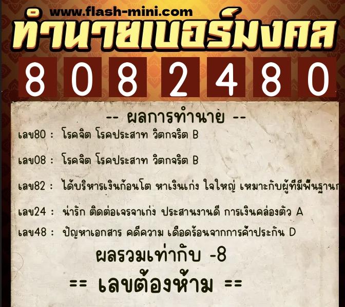 ทำนายเบอร์มงคล 0XX-8082480  ทำนายเบอร์มงคล หมายเลข 064-808248 