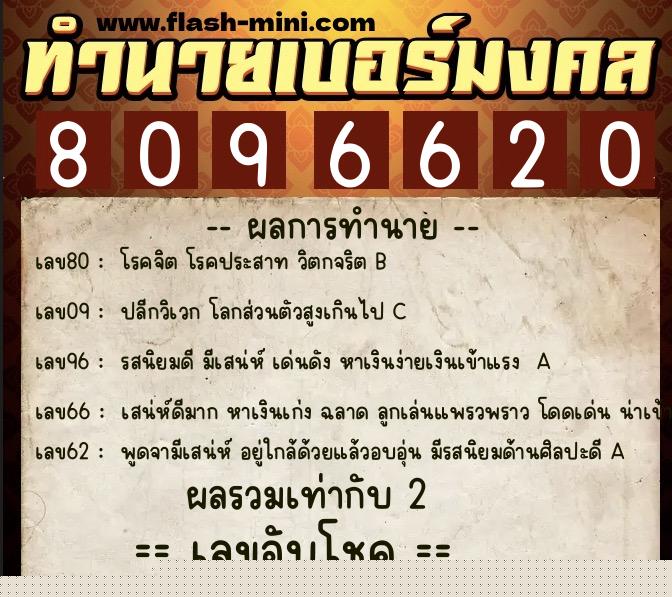 ทำนายเบอร์มงคล 0XX-8096620  ทำนายเบอร์มงคล หมายเลข 061-809662 
