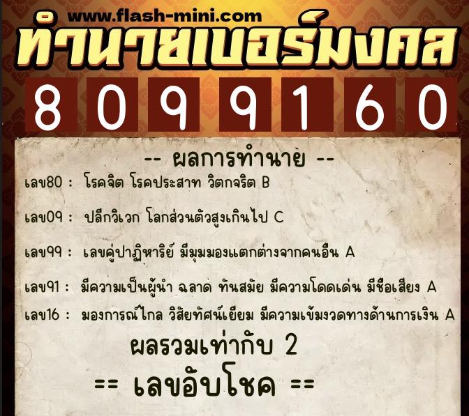 ทำนายเบอร์มงคล 0XX-8099160  ทำนายเบอร์มงคล หมายเลข 094-809916 