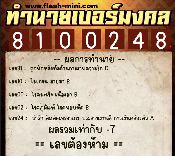 ทำนายเบอร์มงคล 0XX-8100248  ทำนายเบอร์มงคล หมายเลข 091-810024 