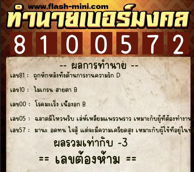 ทำนายเบอร์มงคล 0XX-8100572  ทำนายเบอร์มงคล หมายเลข 065-810057 