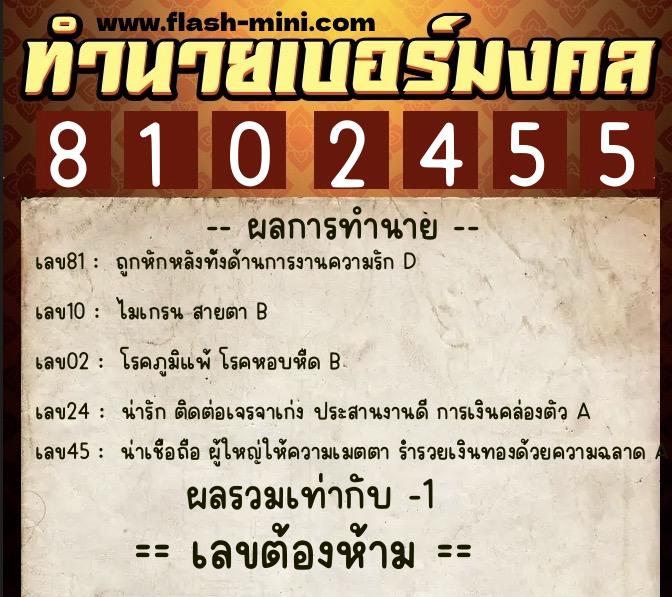 ทำนายเบอร์มงคล 0XX-8102455  ทำนายเบอร์มงคล หมายเลข 084-810245 