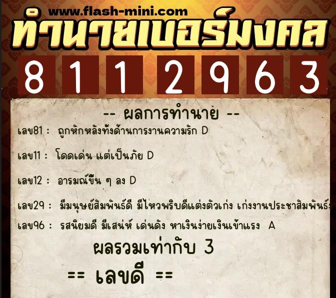 ทำนายเบอร์มงคล 0XX-8112963  ทำนายเบอร์มงคล หมายเลข 069-811296 