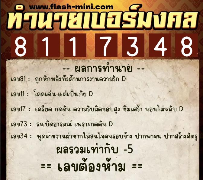 ทำนายเบอร์มงคล 0XX-8117348  ทำนายเบอร์มงคล หมายเลข 068-811734 