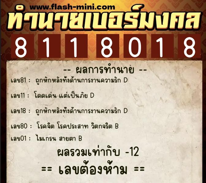 ทำนายเบอร์มงคล 0XX-8118018  ทำนายเบอร์มงคล หมายเลข 064-811801 
