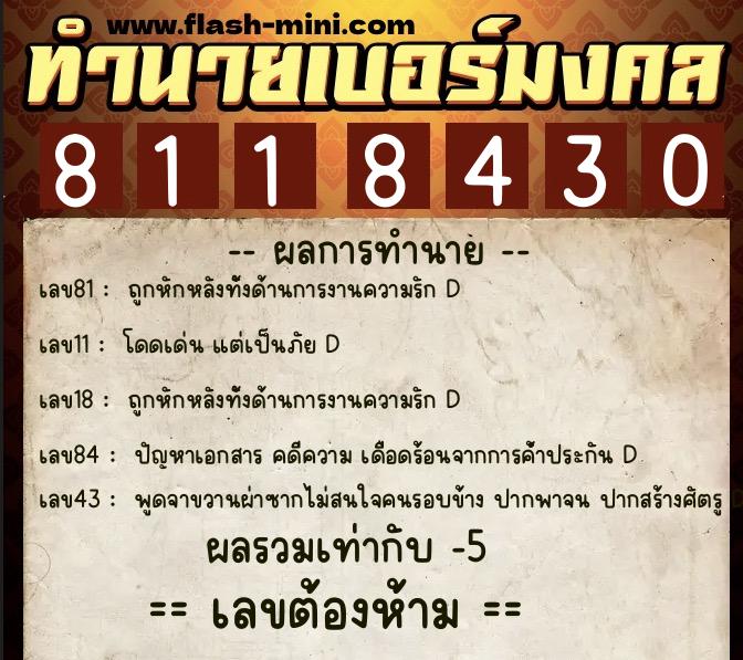ทำนายเบอร์มงคล 0XX-8118430  ทำนายเบอร์มงคล หมายเลข 089-811843 