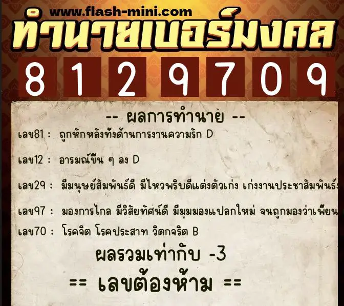 ทำนายเบอร์มงคล 0XX-8129709  ทำนายเบอร์มงคล หมายเลข 066-812970 