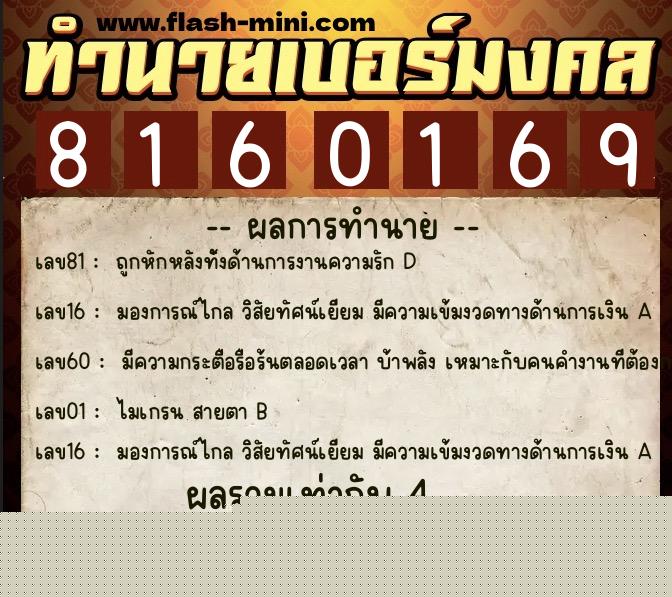 ทำนายเบอร์มงคล 0XX-8160169  ทำนายเบอร์มงคล หมายเลข 080-816016 