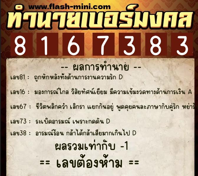 ทำนายเบอร์มงคล 0XX-8167383  ทำนายเบอร์มงคล หมายเลข 064-816738 