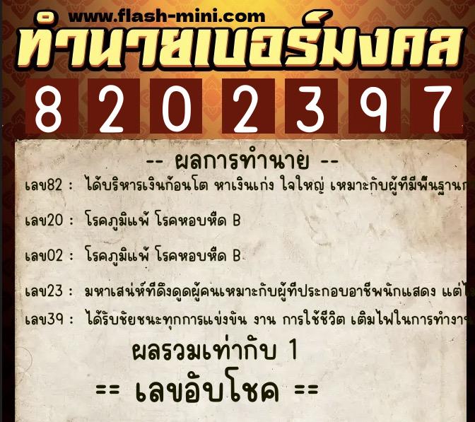 ทำนายเบอร์มงคล 0XX-8202397  ทำนายเบอร์มงคล หมายเลข 089-820239 