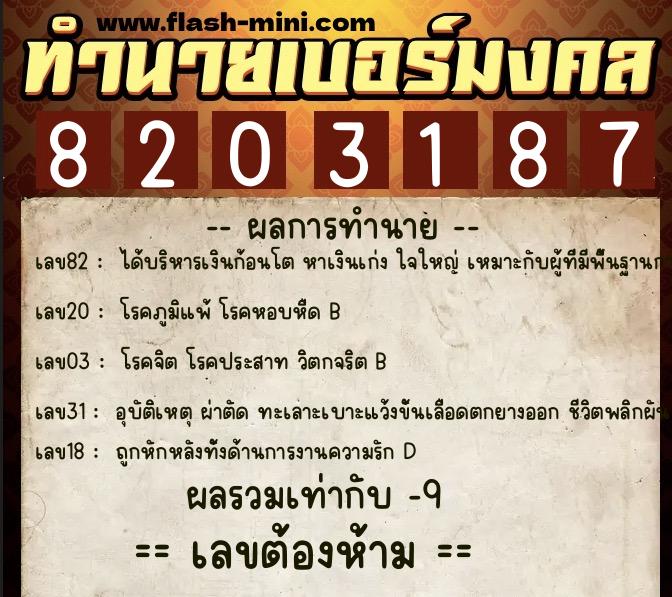 ทำนายเบอร์มงคล 0XX-8203187  ทำนายเบอร์มงคล หมายเลข 092-820318 