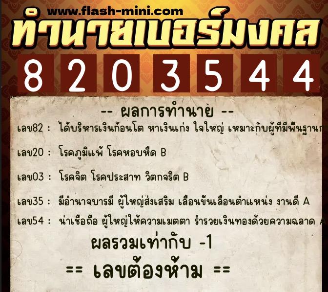 ทำนายเบอร์มงคล 0XX-8203544  ทำนายเบอร์มงคล หมายเลข 062-820354 