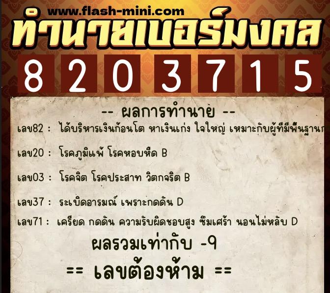 ทำนายเบอร์มงคล 0XX-8203715  ทำนายเบอร์มงคล หมายเลข 088-820371 