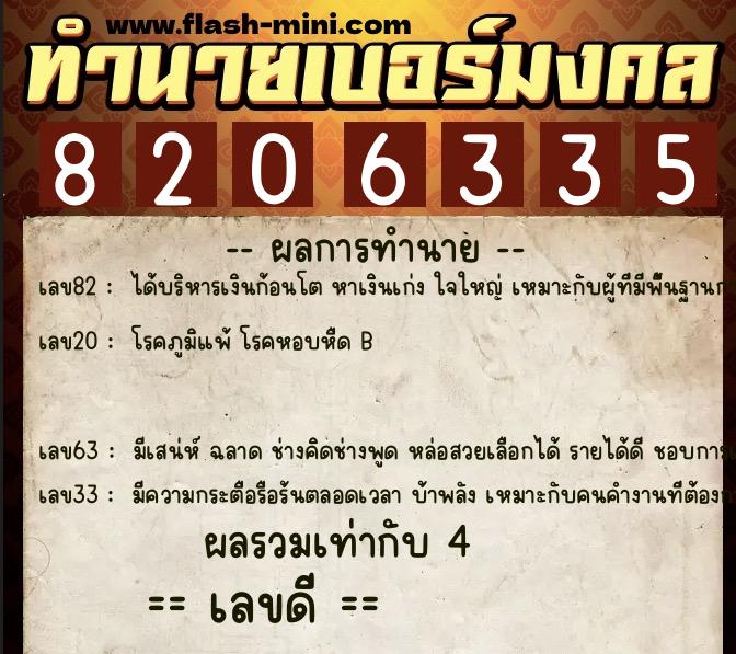 ทำนายเบอร์มงคล 0XX-8206335  ทำนายเบอร์มงคล หมายเลข 091-820633 