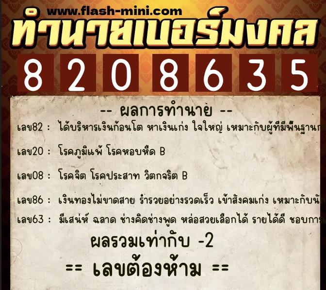 ทำนายเบอร์มงคล 0XX-8208635  ทำนายเบอร์มงคล หมายเลข 085-820863 