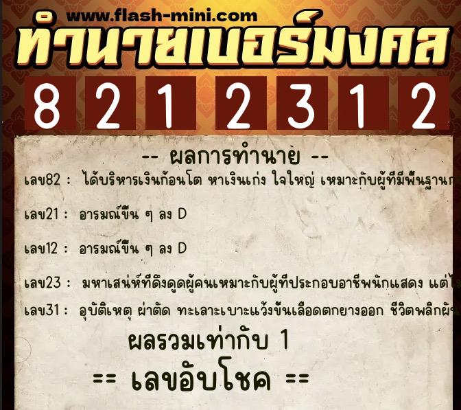 ทำนายเบอร์มงคล 0XX-8212312  ทำนายเบอร์มงคล หมายเลข 080-821231 