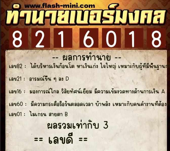 ทำนายเบอร์มงคล 0XX-8216018  ทำนายเบอร์มงคล หมายเลข 096-821601 