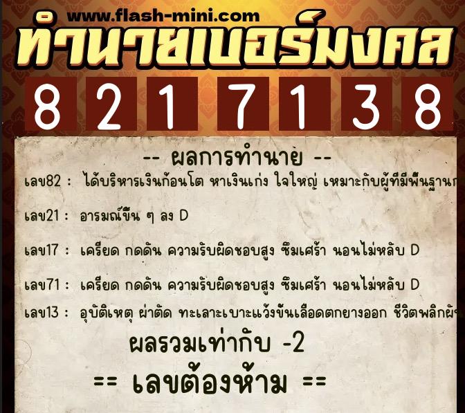 ทำนายเบอร์มงคล 0XX-8217138  ทำนายเบอร์มงคล หมายเลข 089-821713 
