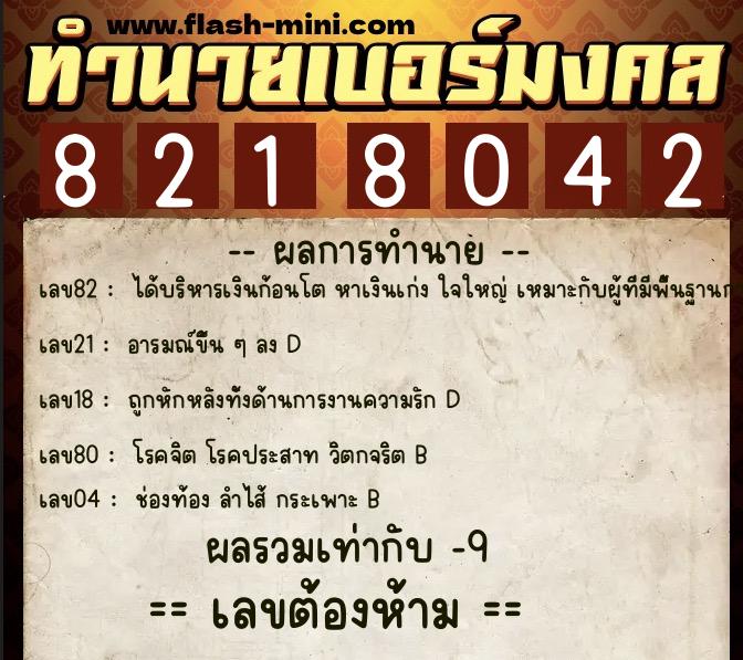 ทำนายเบอร์มงคล 0XX-8218042  ทำนายเบอร์มงคล หมายเลข 096-821804 