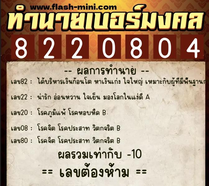 ทำนายเบอร์มงคล 0XX-8220804  ทำนายเบอร์มงคล หมายเลข 094-822080 