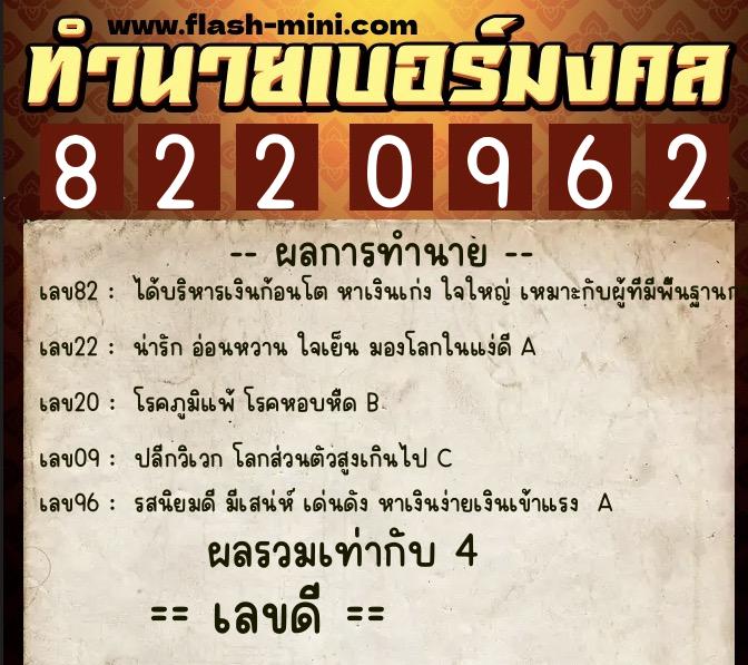 ทำนายเบอร์มงคล 0XX-8220962  ทำนายเบอร์มงคล หมายเลข 097-822096 