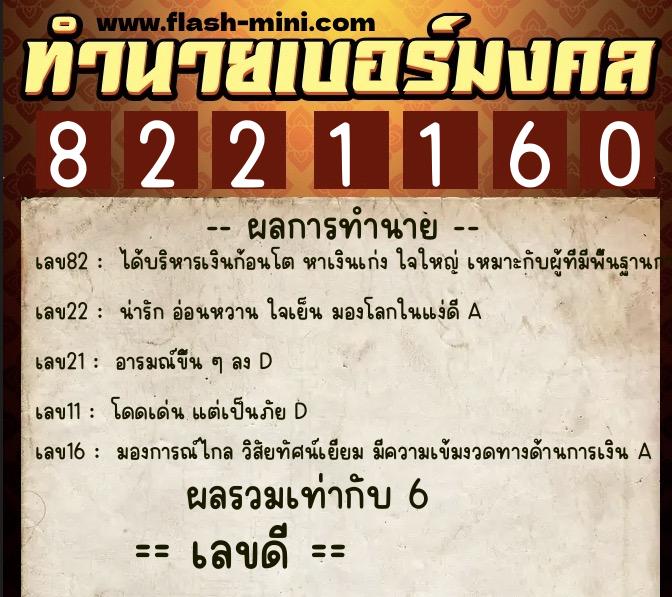 ทำนายเบอร์มงคล 0XX-8221160  ทำนายเบอร์มงคล หมายเลข 069-822116 