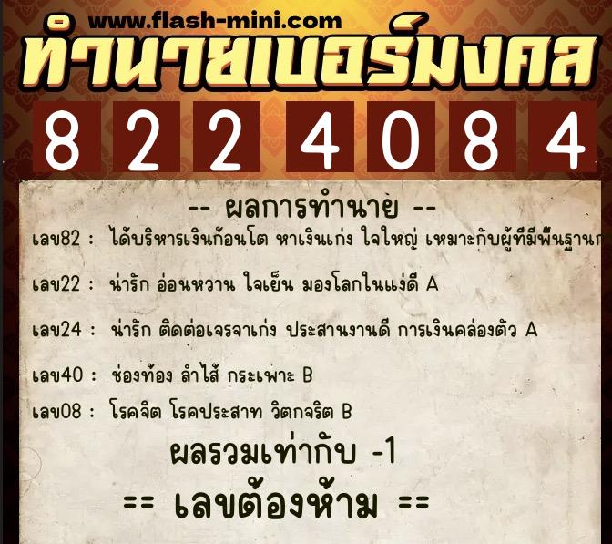 ทำนายเบอร์มงคล 0XX-8224084  ทำนายเบอร์มงคล หมายเลข 080-822408 