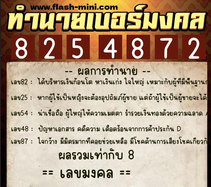 ทำนายเบอร์มงคล 0XX-8254872  ทำนายเบอร์มงคล หมายเลข 083-825487 